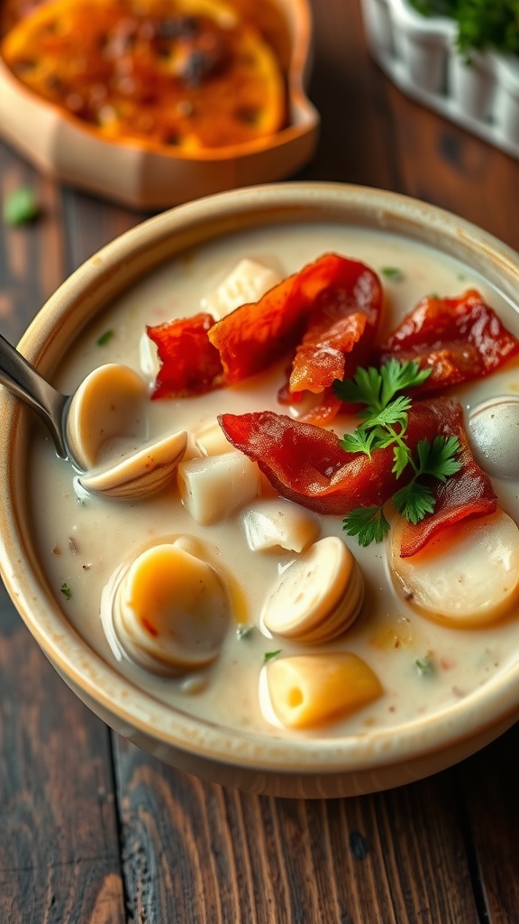 A bowl of clam chowder with bacon and parsley on a rustic table.